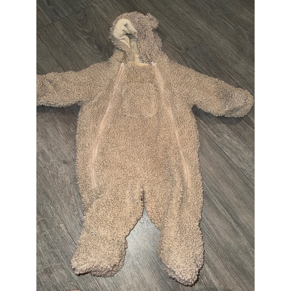 7AM Enfant Bebe Teddy Bunting Sherpa Fleece Snowsuit Bear Ears‎ Tan 6-12M